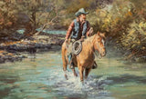 Oil on Canvas, Signed by Lorna Dillon (Amer, bd. 1940) "Checking Hat Creek"! - Old Europe Antique Home Furnishings