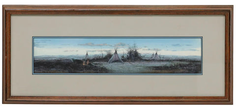 Painting, Guy Rowbury, Gouache, Native American Camp, "Winter Campfire", 20th C - Old Europe Antique Home Furnishings