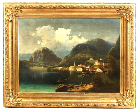 Painting, Hallstatt, Austria, Johann Wilhelm Jankowsky, Lakeside Village, 1800's - Old Europe Antique Home Furnishings