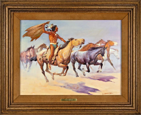 Painting, "Pursuing the Herd", Oil on Board, Shep Chadhorn, 20th Century, Framed