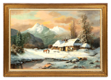 Painting, Oil on Canvas, Landscape by Victor Mazur, Hut, Mountains, Horse!! - Old Europe Antique Home Furnishings