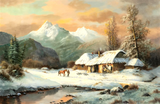 Painting, Oil on Canvas, Landscape by Victor Mazur, Hut, Mountains, Horse!! - Old Europe Antique Home Furnishings