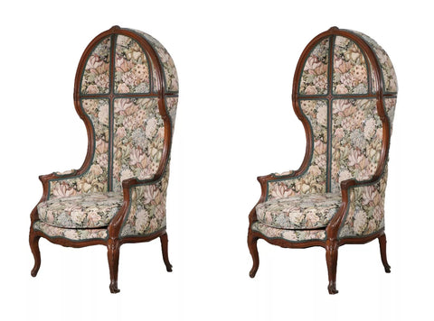 Armchairs, French Porters Chairs, Pair, Wood Frame, Multicolor Fabric, Vintage! - Old Europe Antique Home Furnishings