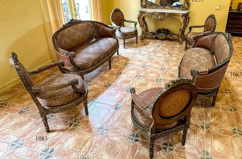 Parlor Suite, Set of 6, French, Carved, With Ram's Head, Crests, Floral, Vintage!! - Old Europe Antique Home Furnishings