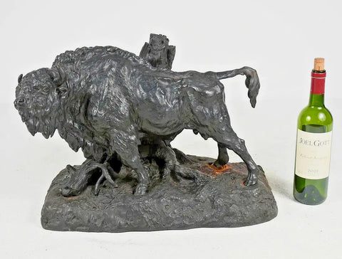 Sculpture, Bison Buffalo, Large, Russian, Cast Iron, Cyrillic Signature, 21" L.