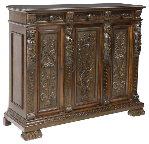 Server / Cabinet, Italian Renai. Revival, Carved Walnut, Figural Panels, C 1890! - Old Europe Antique Home Furnishings