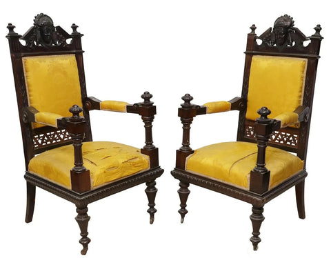 Share Antique Armchairs, (2) Victorian, Figural, Carved, Upholstered, 19th C, 1800s!