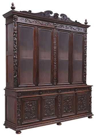Antique Bookcase, Cabinet, French Henri II, Carved Oak, Stepback Display, 1800s