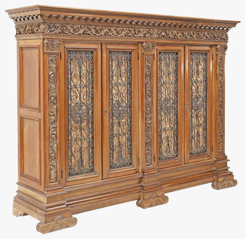 Antique Bookcase,Italian Renaissance Revival, Carved Walnut, Iron Doors, C. 1900 - Old Europe Antique Home Furnishings