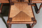 Antique French Breton Dining Chairs, (6) Figural, Carved Oak, Rush Seat, C 1900s!!