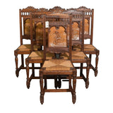 Antique French Breton Dining Chairs, (6) Figural, Carved Oak, Rush Seat, C 1900s!!