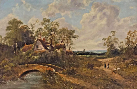 Antique Oil Painting, Landscap, O.T. Clark Sig., English Cottage Bridge, C. 1900s!