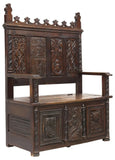 Hall Bench, French Gothic Revival ,Carved Oak, Storage ,Tracery, 64”, 19th C.!! - Old Europe Antique Home Furnishings