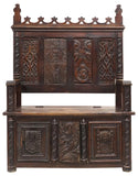 Hall Bench, French Gothic Revival ,Carved Oak, Storage ,Tracery, 64”, 19th C.!! - Old Europe Antique Home Furnishings