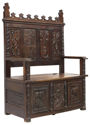 Hall Bench, French Gothic Revival ,Carved Oak, Storage ,Tracery, 64”, 19th C.!! - Old Europe Antique Home Furnishings
