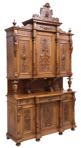 Sideboard, Italian Renaissance Revival, Monumental, Carved Walnut, 127H, 1800's - Old Europe Antique Home Furnishings