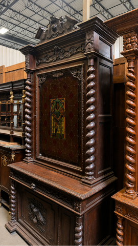 Sideboard, Renaissance Revival, Walnut, Stained Glass, Knight Barley Twist, 1800s!! - Old Europe Antique Home Furnishings