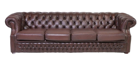 Sofa, British Chesterfield, Brown Leather, Four-Seater Sofa, Button, Vintage! - Old Europe Antique Home Furnishings