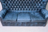 Sofa, Chairs, 2, Wing Back, British, Blue Leather, Chesterfield, Set of 3!! - Old Europe Antique Home Furnishings