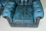 Sofa, Chairs, 2, Wing Back, British, Blue Leather, Chesterfield, Set of 3!! - Old Europe Antique Home Furnishings