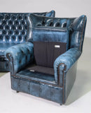 Sofa, Chairs, 2, Wing Back, British, Blue Leather, Chesterfield, Set of 3!! - Old Europe Antique Home Furnishings