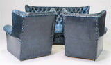 Sofa, Chairs, 2, Wing Back, British, Blue Leather, Chesterfield, Set of 3!! - Old Europe Antique Home Furnishings