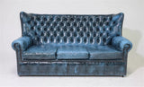 Sofa, Chairs, 2, Wing Back, British, Blue Leather, Chesterfield, Set of 3!! - Old Europe Antique Home Furnishings