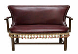 Sofa, Continental, Oak & Tasseled Trim, Burgundy Leather like, Vintage / Antique - Old Europe Antique Home Furnishings