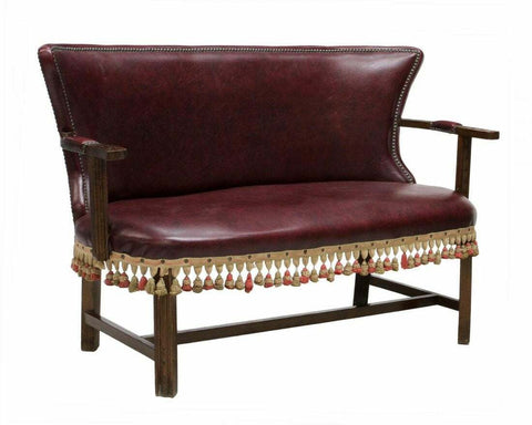Sofa, Continental, Oak & Tasseled Trim, Burgundy Leather like, Vintage / Antique - Old Europe Antique Home Furnishings