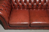 Sofa, Red Leather, Authentic, British Chesterfield , Three-Seater, Vintage!! - Old Europe Antique Home Furnishings