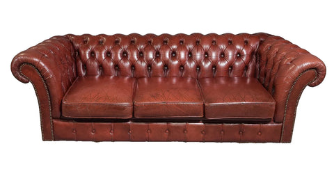 Sofa, Red Leather, Authentic, British Chesterfield , Three-Seater, Vintage!! - Old Europe Antique Home Furnishings
