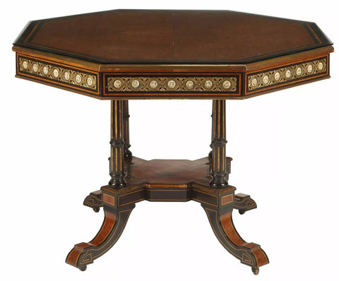 Table, Center, Burlwood & Parcel, Ebonized, Octagonal, Vintage / Antique!! - Old Europe Antique Home Furnishings