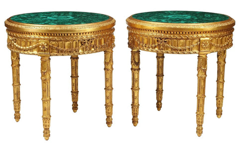 Tables, Malachite Top, Gilt, Pair, Louis XVI Style, Extraordinary!! - Old Europe Antique Home Furnishings