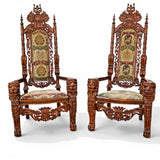 Share Throne Chairs, Pair, Gothic-Revival Style, Hardwood, Carved, Tapestry Upholster