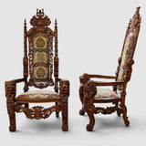 Share Throne Chairs, Pair, Gothic-Revival Style, Hardwood, Carved, Tapestry Upholster