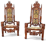 Share Throne Chairs, Pair, Gothic-Revival Style, Hardwood, Carved, Tapestry Upholster