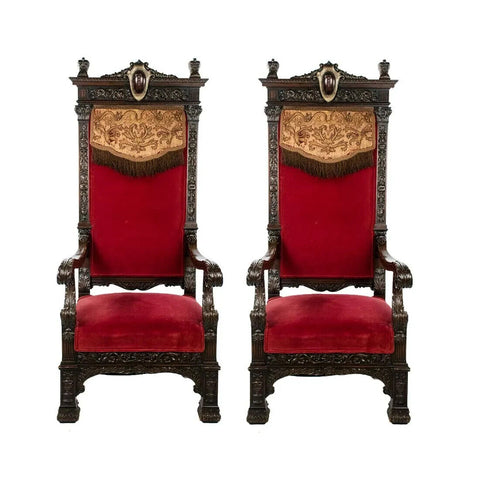 Throne Chairs, Red (2) Italian Renaissance Style, Vintage / Antique, Gorgeous!! - Old Europe Antique Home Furnishings