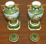 Urns, Paint Decorated, Czechoslovakia, Covered, Rest'ed Tops, Pair, Early 1900s! - Old Europe Antique Home Furnishings