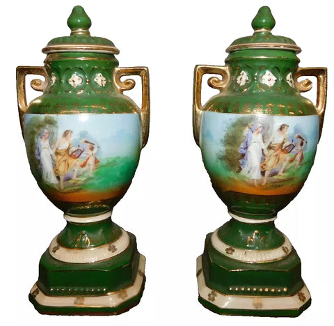 Urns, Paint Decorated, Czechoslovakia, Covered, Rest'ed Tops, Pair, Early 1900s! - Old Europe Antique Home Furnishings