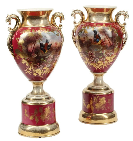 Vases, French, Porcelain, Parcel Gilt, Pair, Two-Handle, Painted, Vintage! - Old Europe Antique Home Furnishings
