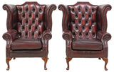 Wingback Armchairs, Leather (2) English, Queen Ann Style, Oxblood, Vintage, 20th