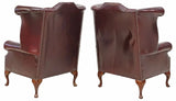 Wingback Armchairs, Leather (2) English, Queen Ann Style, Oxblood, Vintage, 20th