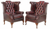 Wingback Armchairs, Leather (2) English, Queen Ann Style, Oxblood, Vintage, 20th