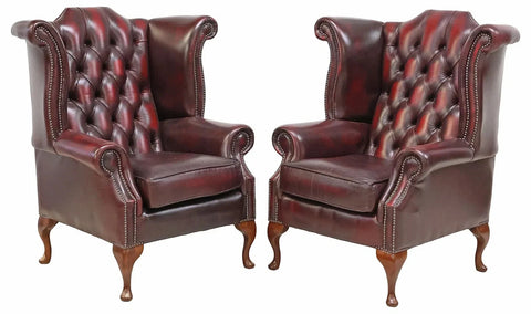 Wingback Armchairs, Leather (2) English, Queen Ann Style, Oxblood, Vintage, 20th