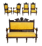 Antique Parlor Set, Five Pc. Victorian, Figural, Carved & Upholstered, 1800s!! - Old Europe Antique Home Furnishings