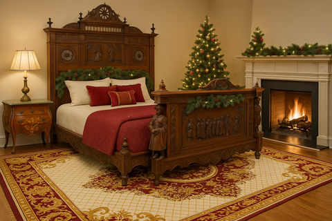 Antique Bed, French Breton, Figural & Foliate, Carved Oak, Spindled, E. 1900s!!