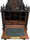 Antique Secretary, Continental Gothic Revival, Black Painted, Armorial, Fall-Front, 1800s