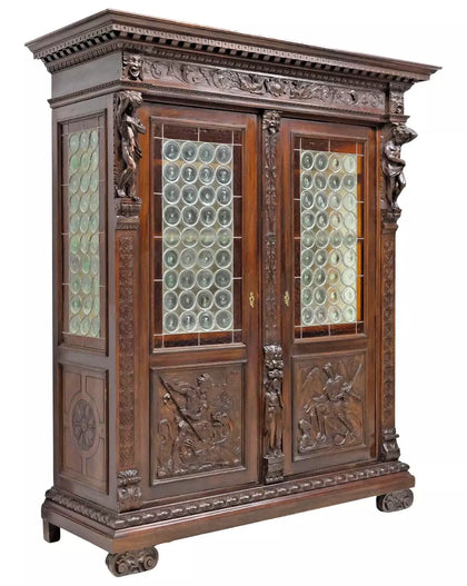 Antique Bookcase, Italian Renaissance Revival, Carved, Walnut, Early 1900s!! - Old Europe Antique Home Furnishings