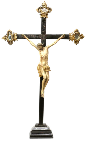 Antique Crucifix, Italian Carved Wood, Ebonized, Tabletop, Gilt, Altar, 1800's!! - Old Europe Antique Home Furnishings