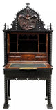 Antique Secretary, Continental Gothic Revival, Black Painted, Armorial, Fall-Front, 1800s